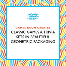 Load image into Gallery viewer, Beach trivia graphic with text: Games Room creates games and trivia sets in beautiful geometric packaging. 
