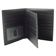 Interior view of a black leather wallet with an extra page and multiple credit card compartments. 