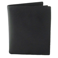 Load image into Gallery viewer, Front view of the black leather wallet. 
