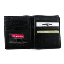 Load image into Gallery viewer, Interior view of the black leather wallet with multiple credit card compartments and a windowed ID slot.
