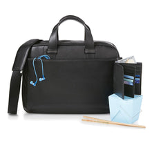 Load image into Gallery viewer, A black briefcase arranged with a black wallet arranged with accessories on a white background. 
