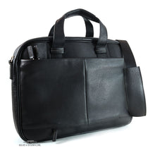 Load image into Gallery viewer, Angled back view of the black briefcase. it features a shoulder strap and zipper-closing pockets. 
