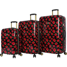 Load image into Gallery viewer, Angled view of the three hard-sided suitcases on a white background. All three feature a design of a black background filled with a pattern of red roses.
