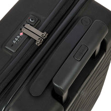 Load image into Gallery viewer, Close up to the top of the black suitcase. The view shows the telescopic handle, grabbing handle, and a three digit combination lock. 
