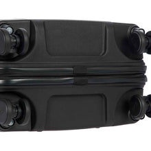 Load image into Gallery viewer, Close up to the bottom of the black suitcase. 
