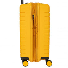 Load image into Gallery viewer, Close up to the side of the mango yellow hard shell suitcase. The expandable feature is unzipped. 
