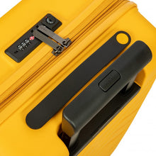 Load image into Gallery viewer, Close up to the top of the mango yellow suitcase. The view shows the telescopic handle, grabbing handle, and a three digit combination lock. 
