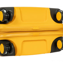 Load image into Gallery viewer, Close up to the bottom of the mango yellow suitcase. 

