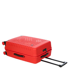 Load image into Gallery viewer, A red suitcase laid on its back with the expandable handle pulled. The top, side, and front panels are shown. 
