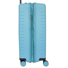 Load image into Gallery viewer, Side view of the light blue hard shell suitcase with black accents. The expandable feature is zipped open. 
