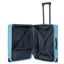 Load image into Gallery viewer, Internal view of the ligt blue hard shell suitcase with black accents. The fabric lining is navy blue. The front panel&#39;s side has a zipper-closing compartment, shown partly opened. The back panel&#39;s side has a set of strips to hold contents in place. 
