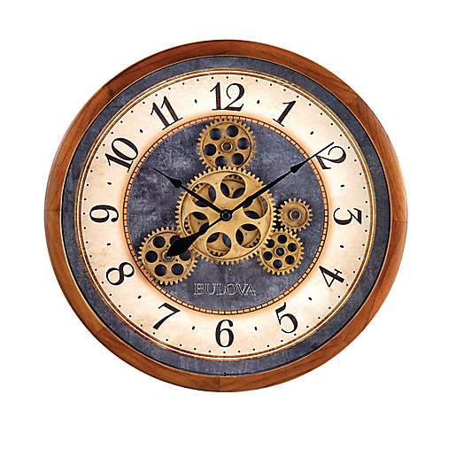 moving gear wall clock Bulova Gears in Motion Wood Wall Clock Brown