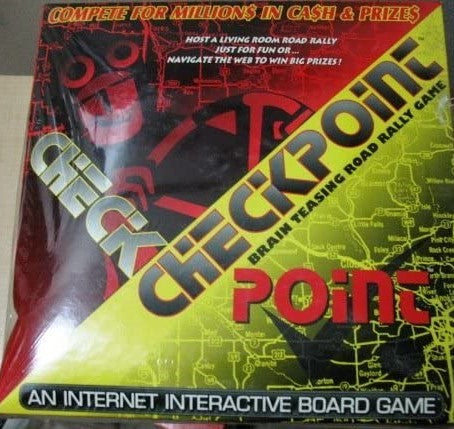 The image shows the packaging of the board game 'CHECKPOINT - A Brain Teasing Internet Road Rally Board Game'. The box is predominantly black and yellow with red accents, featuring an illustration of a cartoon-style driver and A map.