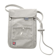 Front view of the tan neck stash bag. 
