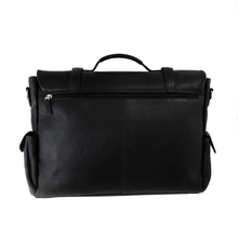 Load image into Gallery viewer, Back panel view of the black leather briefcase. 
