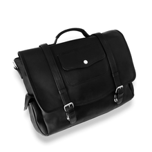 Load image into Gallery viewer, Angled front view of the black leather briefcase.
