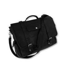 Load image into Gallery viewer, Angled front view of the black leather briefcase with the adjustable shoulder strap resting across it.
