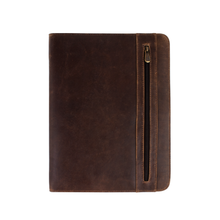 Load image into Gallery viewer, Front view of the brown distressed leather pad folio. It has a vertical zipper pocket. 
