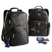 Load image into Gallery viewer, Two different black leather backpacks with neck bow ties arranged on a white background. 
