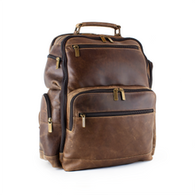 Load image into Gallery viewer, DayTrekr Bomber Jacket Distressed Leather Backpack Angled Image
