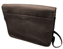 Load image into Gallery viewer, Angled back panel view of the brown leather messenger bag. 
