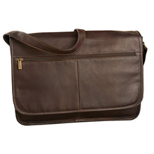 Load image into Gallery viewer, Front view of the brown leather messenger bag. the shoulder strap is resting on the top.
