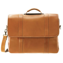 Load image into Gallery viewer, Front view of the tan leather briefcase. 
