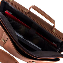 Load image into Gallery viewer, interior close up to the tan leather briefcase's main compartment. A laptop and tablet are secured in the dedicated pockets. 
