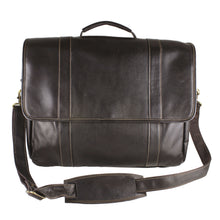 Load image into Gallery viewer, Front view of the brown leather briefcase. The shoulder strap is set in front. 
