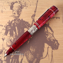 Load image into Gallery viewer, Side view of the red rollerball pen on top of the presentation box. 
