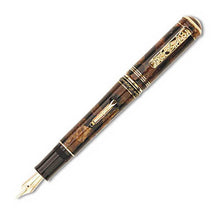 Load image into Gallery viewer, Front view of the fountain pen with golden accents. The cap is posted at the top of the pen barrel. 
