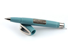 Load image into Gallery viewer, The blue rollerball pen resting on the cap. 
