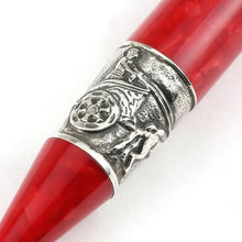 Load image into Gallery viewer, Close up to the engraved silver ring by the grip section of a man in a chariot. 
