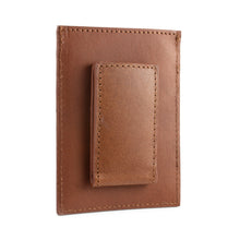 Load image into Gallery viewer, Angled back panel view with the magnetic money clip attached. 
