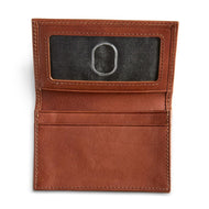 Interior view of the tan leather card case, featuring a windowed ID compartment. 