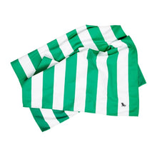 Load image into Gallery viewer, The green and white stripes towel semi-folded on a white background.
