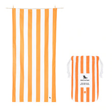 Load image into Gallery viewer, Front view of the white and orange stripes towel with the storage back next to it.
