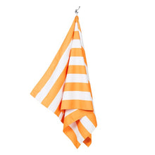 Load image into Gallery viewer, The white and orange towel hanging from a hook on a white background.
