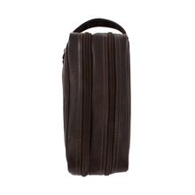 Load image into Gallery viewer, Top view of the brown leather toiletry bag.

