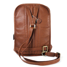 Load image into Gallery viewer, Back panel view of the tan leather crossbody bag. It features an adjustable strap. 
