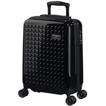 Load image into Gallery viewer, Angled front view of the black suitcase with the telescopic handle partly pulled up. 
