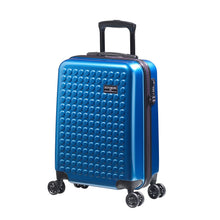 Load image into Gallery viewer, Angled front view of the blue suitcase with black accents. 
