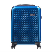 Load image into Gallery viewer, Front view of the blue suitcase with black accents. The telescopic handle is retracted.
