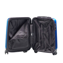 Load image into Gallery viewer, Interior view of the blue suitcase. It has black fabric lining, one zipper-closing panel divider, and adjustable straps on the other panel.
