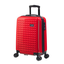 Load image into Gallery viewer, Angled front view of the red suitcase with black accents. The telescopic handle is partly puled up. 
