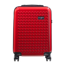 Load image into Gallery viewer, Front panel view of the red suitcase with black accents. 
