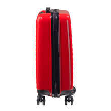 Load image into Gallery viewer, Side panel view of the red suitcase with black accents. 
