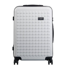 Load image into Gallery viewer, Front view of the white suitcase with black accents. 

