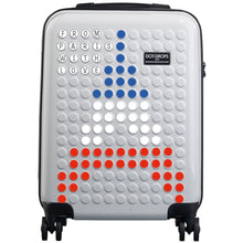 Load image into Gallery viewer, The white suitcase with circle stickers decorating the front panel in a blue, white and red Eiffel Tower with lettered stickers spelling out FROM PARIS WITH LOVE.
