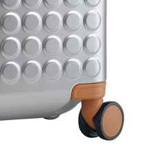 Load image into Gallery viewer, Angled close up to the suitcase's spinner wheel. 
